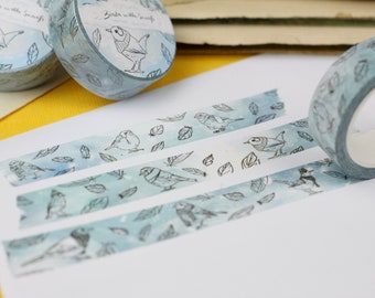 Washi Tape - Vögel mit Schal und Mütze - Federn  Lineart - Eigene Illustrationen - Eichelhäher, Rotkehlchen, Blaumeise, Kleiber