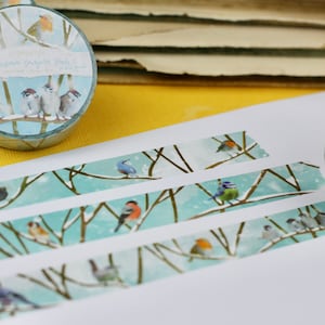 Nastro adesivo Washi - Uccelli in inverno - Uccelli da giardino nella neve - Illustrazioni proprie - Ghiandaie, pettirossi, cinciarelle, picchi muratori