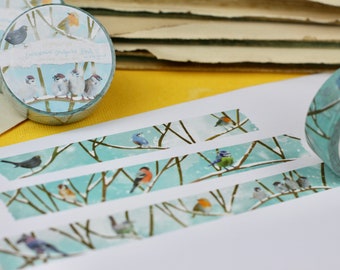 Washi Tape - Vögel im Winter - Gartenvögel im Schnee - Eigene Illustrationen - Eichelhäher, Rotkehlchen, Blaumeise, Kleiber