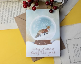 Folding card - Merry Christmas and a happy new year - Fox in snow globe - Christmas card