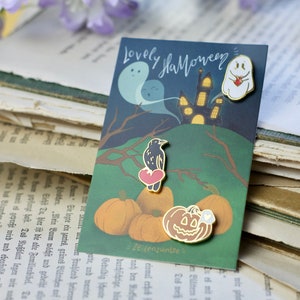 Pin's en émail - Mini-ensemble de pin's - Adorable Halloween - Pin's de remplissage mignons - Fantôme, citrouille, corbeau - Brille dans le noir