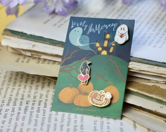 Enamel Pin - Mini Pin Set - Lovely Halloween - Cute Filler Pins - Ghost, Pumpkin, Raven - Glow in the Dark