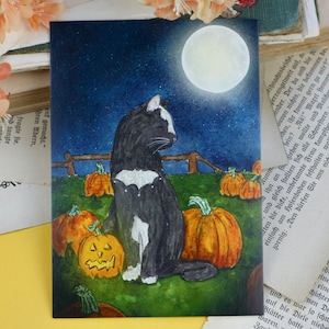 Carte postale - Chat d'Halloween - Chat avec citrouille - Pleine lune