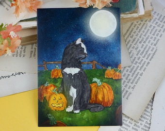 Postcard - Halloween cat - cat with pumpkin - full moon