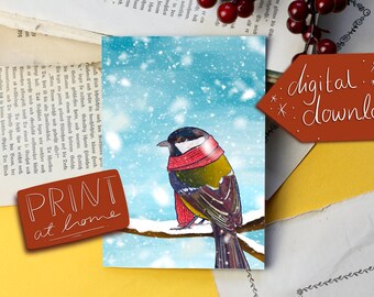 Folding card digital download - great tit with scarf - Christmas own illustration