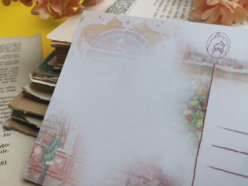 Carte postale - Librairie sous la neige - Noël - Librairie chat orange - Aquarelle - Cosy - Chien - Chat - Livres - Illustration personnelle image 9