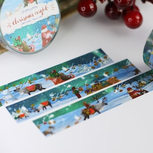 Washi Tape - Christmas Night - Santa, Rentiere und Elfen - Polarlichter - Schnee - Gold Foil - 15mm x 10m - Eigene Illustrationen