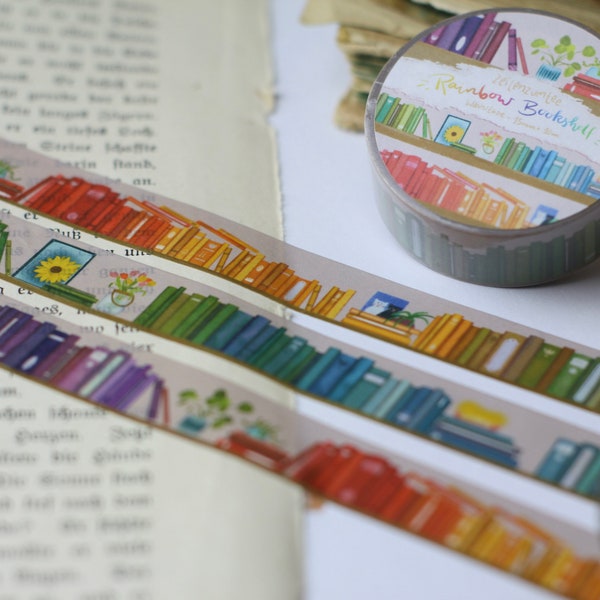 Rainbow Bookshelf Washi Tape - 1.5 cm x 10 m - Hand Painted Original Art - Own Illustration - Ideal Gift for Bookworms