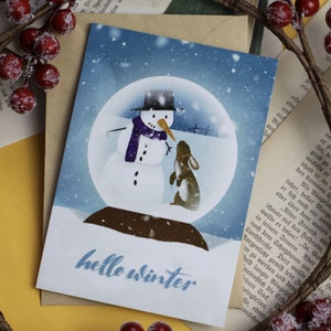 Carte pliante - Bonjour l'hiver - Bonhomme de neige avec lapin