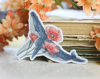 Vinyl sticker with transparent effect - Humpback whale with poppies - Own illustrations