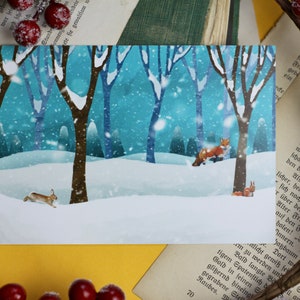 Cartolina - Foresta invernale - Natale - Volpe, coniglio e scoiattolo - Illustrazione personale
