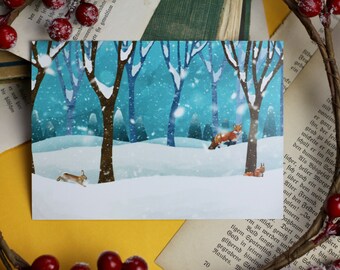 Carte postale - Forêt d'hiver - Noël - Renard, lapin et écureuil - Illustration personnelle