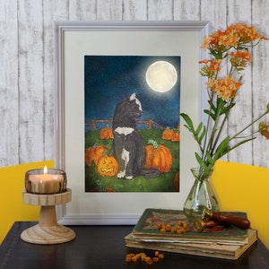 Print - Halloween Katze mit Kürbis - Vollmond - Handgemalte Illustration