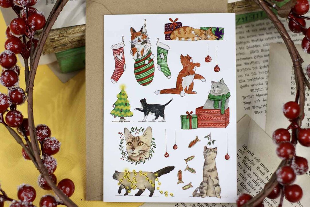 Folded Card - Christmas Cats - Greeting Card With Cats for Christmas ...