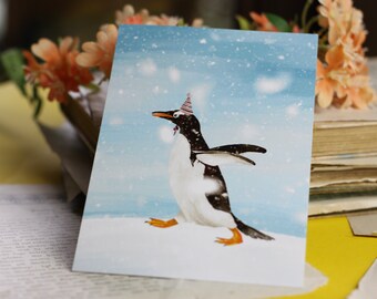Carte postale - Pingouin festif - Manchot papou avec chapeau - Illustration peinte à la main - Carte d'anniversaire