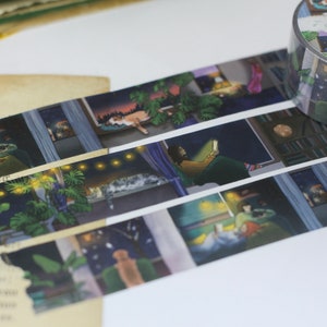 Washi Tape - Late Nights - 10mx25mm - Eigen illustraties - met hond en kat
