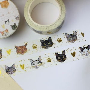 Washi Tape - Mes chats préférés - Feuille d'or - Mes propres illustrations basées sur de vrais chats de ma vie