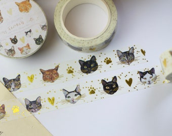 Washi Tape - Meine liebsten Katzen - Gold Foil - Eigene Illustrationen nach echten Katzen aus meinem Leben