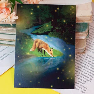 Carte postale - Renard au bord de l'eau avec des lucioles - Anniversaire, Juste comme ça - Illustration personnelle