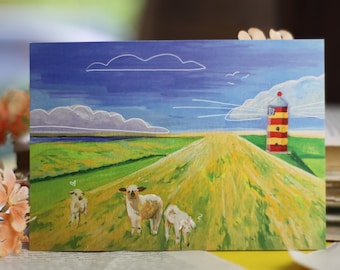 Postkarte - Schafe auf Deich - Nordsee mit Leuchtturm - Aquarell Illustration - Handgemalt - Geburtstagskarte