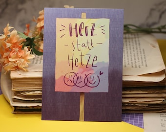 Postcard - Heart instead of hate - left-wing green-infested - against the right - same shit, different century - own illustration