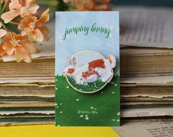 Wooden Pin - Jumping Rabbit - Rabbit Lapel Pin - Brooch - Own Illustration