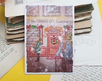 Postcard - Bookshop in the snow - Christmas - orange cat bookshop - Watercolor - Cozy - Dog - Cat - Books - Own illustration