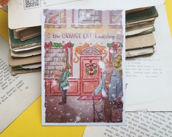 Postcard - Bookshop in the snow - Christmas - orange cat bookshop - Watercolor - Cozy - Dog - Cat - Books - Own illustration