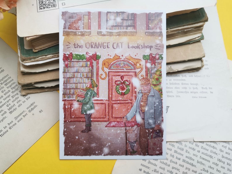 Carte postale - Librairie sous la neige - Noël - Librairie chat orange - Aquarelle - Cosy - Chien - Chat - Livres - Illustration personnelle image 1