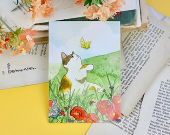 Postcard - Lucky cat with butterfly in flower field - watercolor illustration