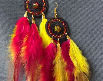 Long Dreamcatcher Earrings: Feather & Glass Bead Boho Jewelry