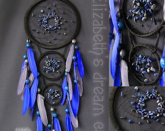 Blue and Black Dreamcatcher Wall Decor, Handmade Bohemian Feather Dreamcatcher for Bedroom, Nursery, or Meditation Space, Black Friday Gift