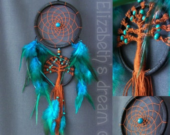 Ethnischer Wandbehang mit Baum des Lebens, blauer Boho-Traumfänger für Schlafzimmer, Feder-Traumfänger