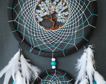 Baum des Lebens Türkis Dreamcatcher mit Mond Stein, großer handgemachter Dreamcatcher für Harmonie, Federn Ethnische Wanddekoration für Kinderzimmer Geschenk
