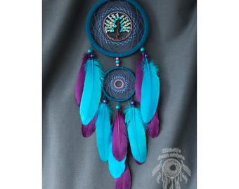 Chakra Dekor fürs Kinderzimmer, Süße Träume Geschenk, Türkiser Baum des Lebens Traumfänger, Handgemachte Feder Wandbehang mit Aquamarin Steinen