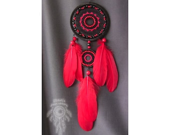Red & Black Double Hoop Feather Dreamcatcher, Dreamcatcher Wall Hanging, Christmas Dreamcatcher Gift for Bedroom, Small Nursery Wall Decor