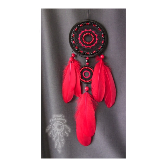 Dreamcatcher Wall Hanging, Red & Black Double Hoop Feather