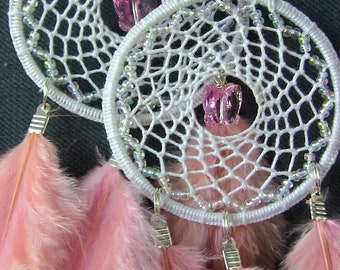 Boho Pink Feather Dreamcatcher Earrings, Handmade Ombre Dangle Jewelry, Handmade Colorful Accessory Gift