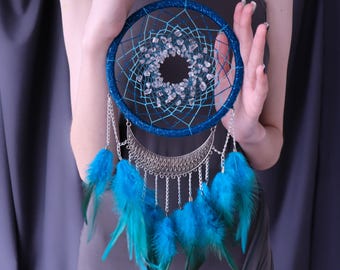 Boho Wall Hanging for Bedroom or Nursery, Turquoise Energy Healing Decor & Unique Gift Idea, Handcrafted Crystal Feather Dreamcatcher