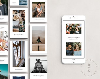 Puede incluir: Una colección de plantillas de historias de Instagram con fotos de personas y paisajes. Las plantillas tienen superposiciones de texto con títulos como "Golden Days", "Excellent Coffees", "We're Having Fun" y "Blue Memory Lake".