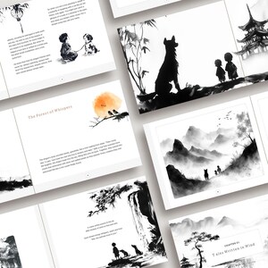 May include: A collection of illustrated pages from a children's book. The illustrations are in black and white with ink wash style, depicting scenes with children, animals, and landscapes. The book's title is "Tales Written in Wind".