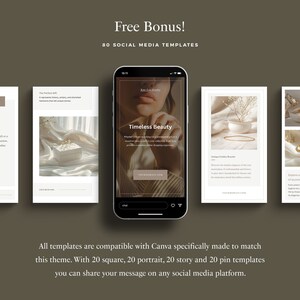 May include: A collection of 80 social media templates for Canva. The templates are designed for square, portrait, story, and pin formats. The image shows a phone screen displaying a template with a woman's face and the text "Timeless Beauty".
