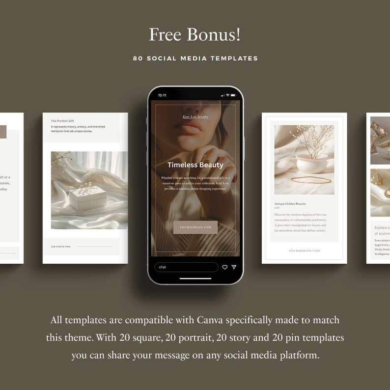 May include: A collection of 80 social media templates for Canva. The templates are designed for square, portrait, story, and pin formats. The image shows a phone screen displaying a template with a woman's face and the text "Timeless Beauty".