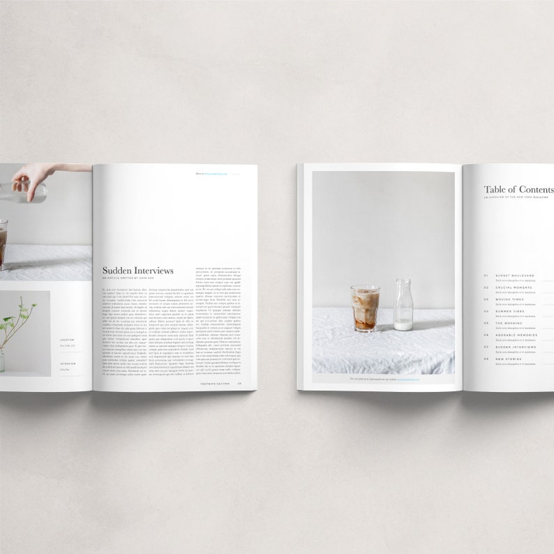 May include: An open magazine with a white background and a photo of a glass of iced coffee and a bottle of milk on a white tablecloth. The magazine's table of contents is visible on the right page, with headings such as "Sunset Boulevards", "Original Moments", "Folding Time", "Summer Wines", "Affordable Memories", "Sudden Interviews", and "New Stories".