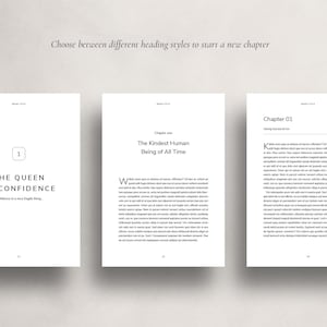 K&ouml;nnte beinhalten: Drei Seiten eines Buches, die verschiedene &Uuml;berschriften f&uuml;r ein neues Kapitel zeigen. Die erste Seite hat den Titel "The Queen of Confidence" und den Text "Confidence is a very fragile thing." Die zweite Seite hat den Titel "Kapitel Eins: The Kindest Human Being of All Time." Die dritte Seite hat den Titel "Kapitel 01: Erfolg und Spa&szlig; haben."