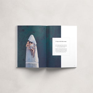 May include: A couple lies in a white boat on a turquoise blue ocean. The text "A trip on the blue ocean." is on the right side of the page.