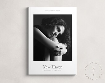 May include: A black and white photo of a woman sitting with her knees to her chest. The photo is on a white background with the text "New Haven" and "A Template by Ruben StoM" below the photo. The text "Premium Designs" and "Ruben StoM" are in a circle around the letters "R-S".
