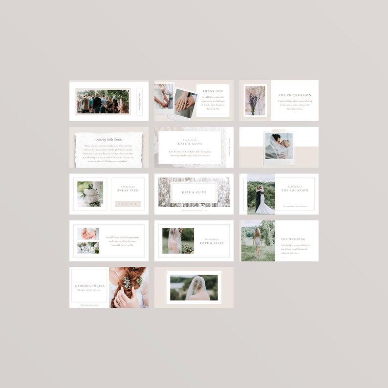 Puede incluir: Un conjunto de invitaciones de boda con un dise&ntilde;o minimalista que presenta un motivo floral y los nombres de la pareja, "Kate & Clive". La invitaci&oacute;n incluye una tarjeta de agradecimiento, una tarjeta de adelanto y una tarjeta de invitaci&oacute;n de boda.
