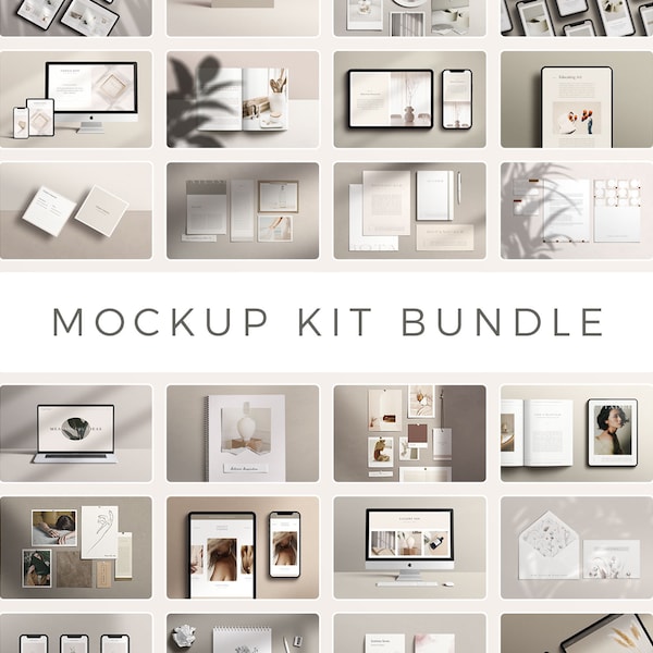 Mockup Kit Bundle, Inkl. Alle Mockup Kits: Rahmen, Geräte, Web & App, Notebook, Buch, Briefpapier, Visitenkarten, Moodboard, Magazine