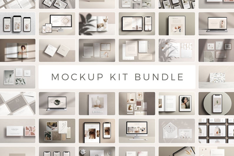 May include: A mockup kit bundle featuring various digital and print design templates. The kit includes mockups for phones, tablets, laptops, and desktop computers, as well as stationery, brochures, and other marketing materials. The mockups are arranged in a grid pattern on a light beige background.